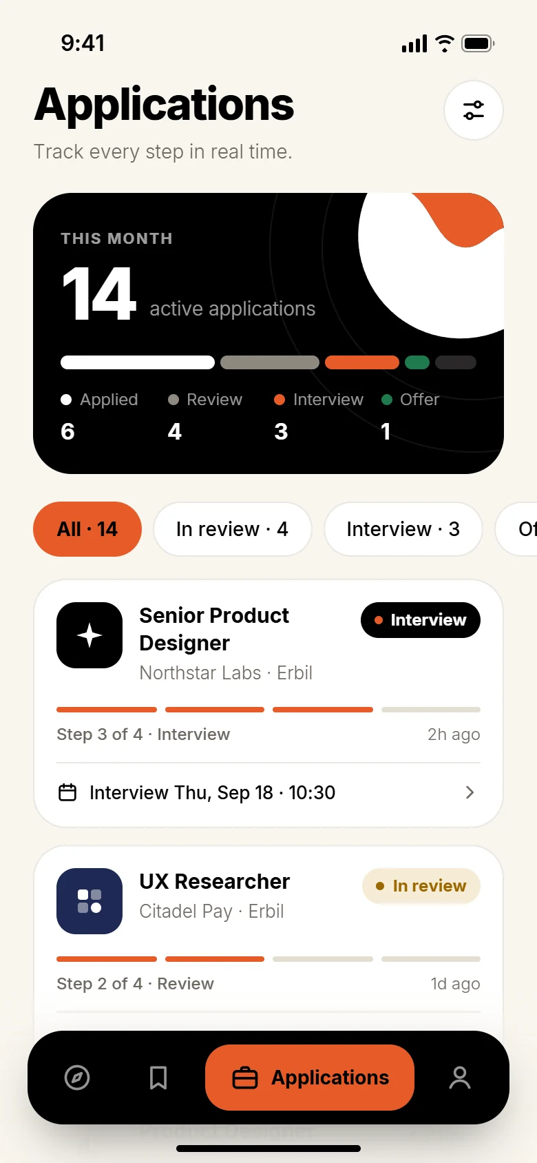 CVase applications screen with applied, review, interview and offer stages