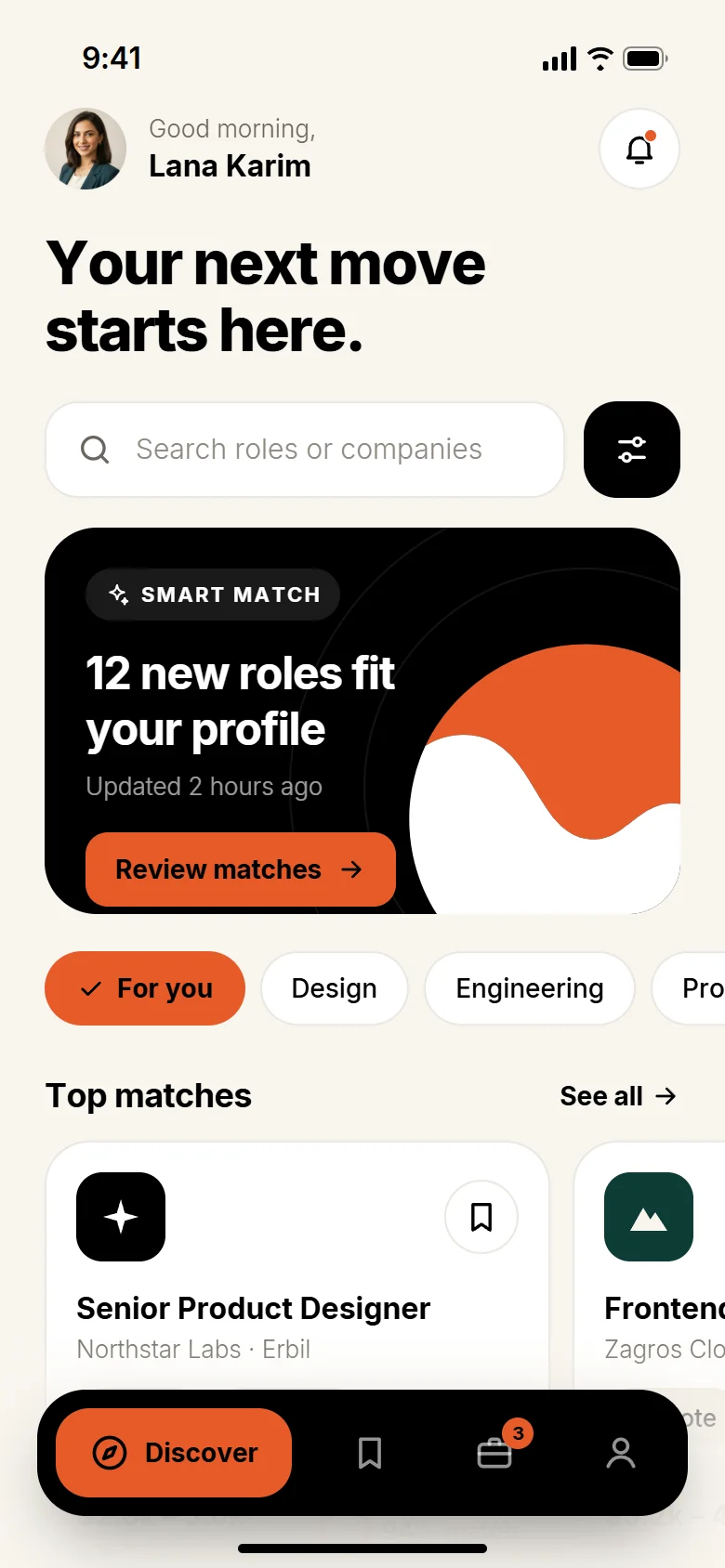 CVase Discover screen with smart matches and recommended roles