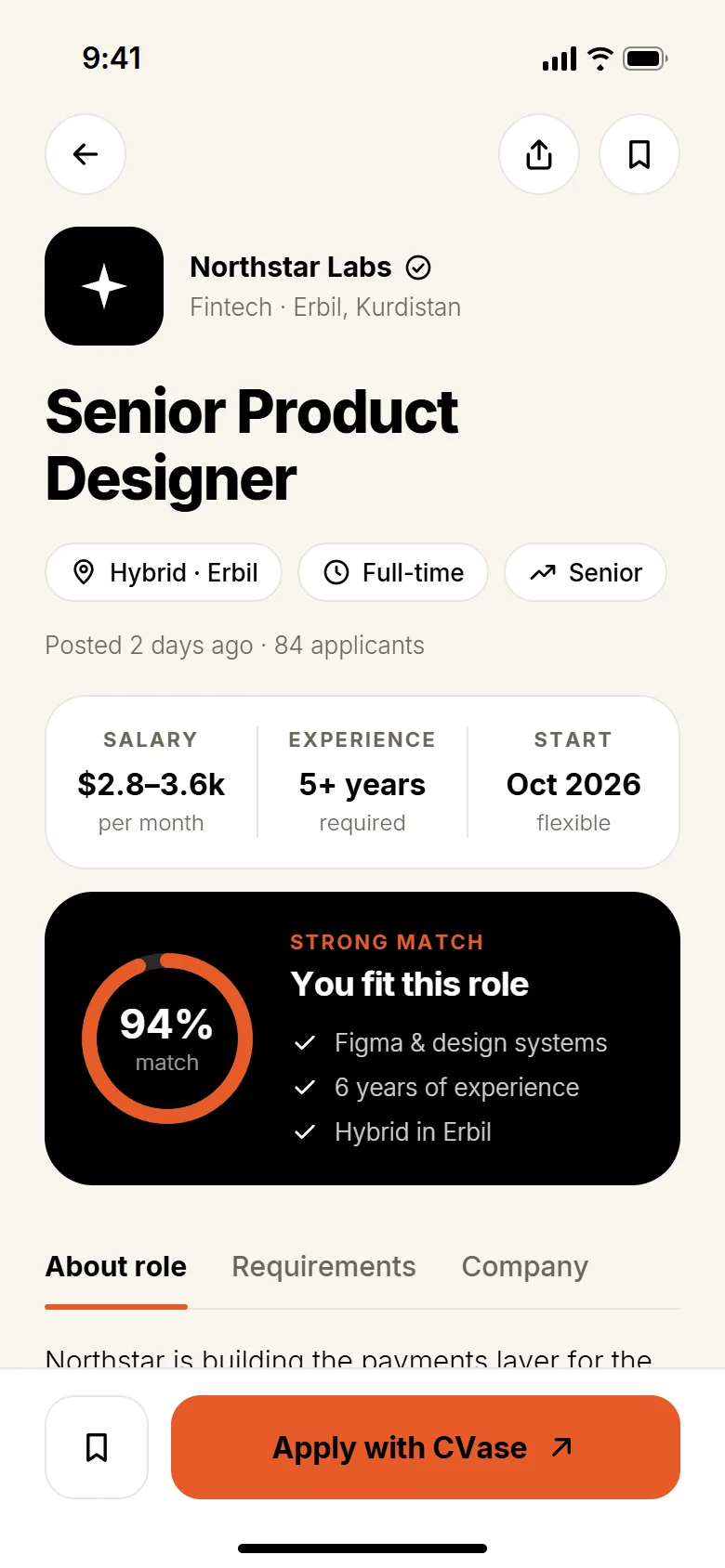 CVase role detail screen for a Senior Product Designer with salary, experience and match score