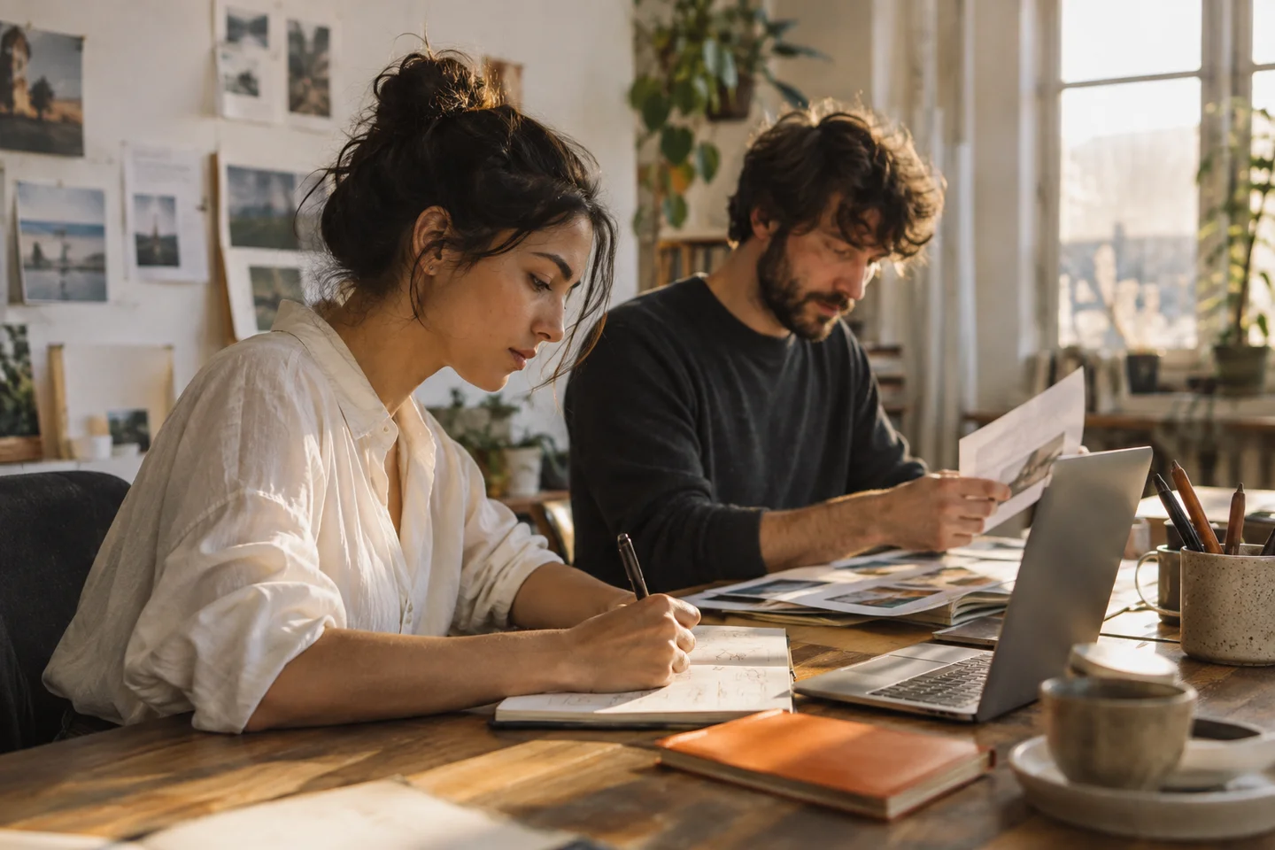 Two professionals concentrating on their work at a sunlit studio table